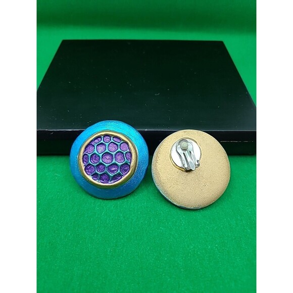 Vintage Weekenders Clip On Earrings Gold  Blue Enamel Basket Weave Round #008 - Picture 1 of 6